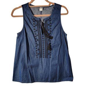 Old Navy Blue Denim Embroidered Tassel Tie Front Sleeveless Shirt Women Size S